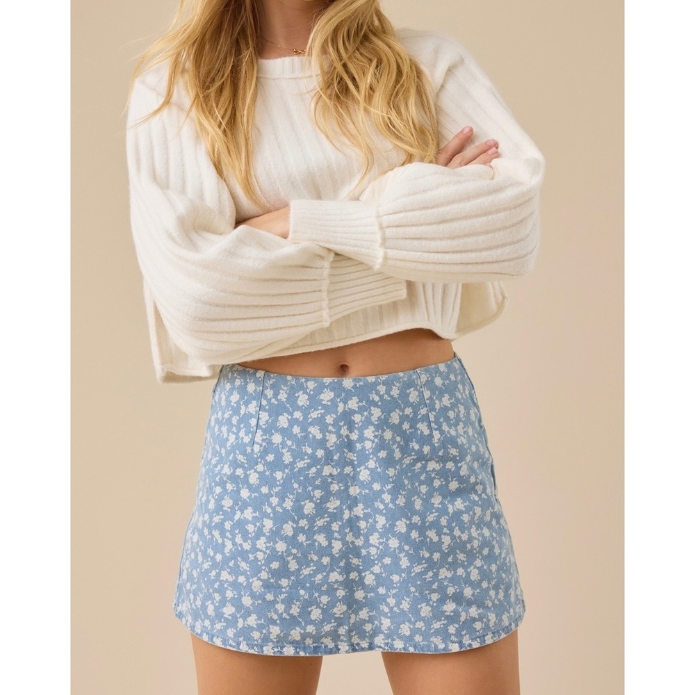 Altar'd State Floral Denim Skort Light Wash Mini Skort Shorts Size Small